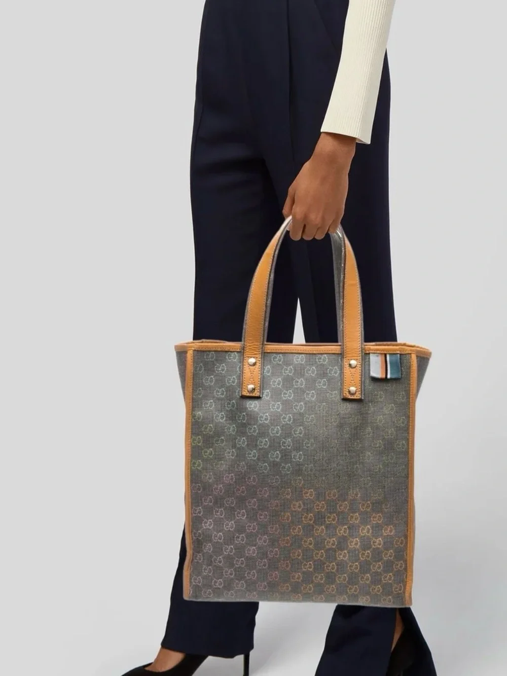 Gucci GG Supreme Multicolor Monogram Grey Canvas Tote Bag Leather Trim COA